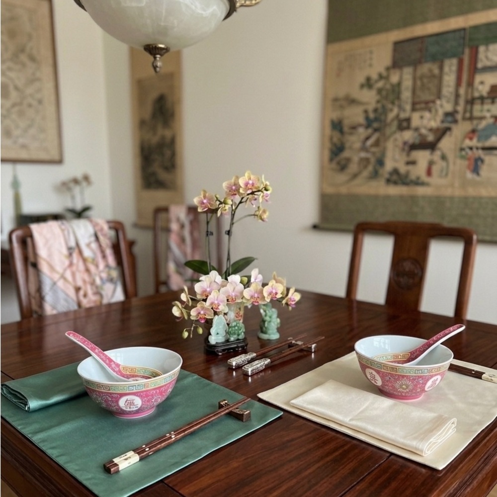 Vintage Mun Shou Rose Longevity Porcelain Set (4-pc)